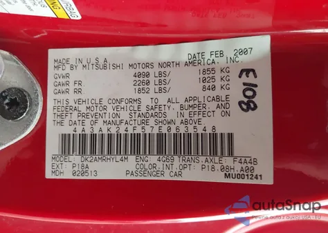 2007 Mitsubishi Eclipse Gs z USA, uszkodzony, nr VIN 4A3AK24F57E063548